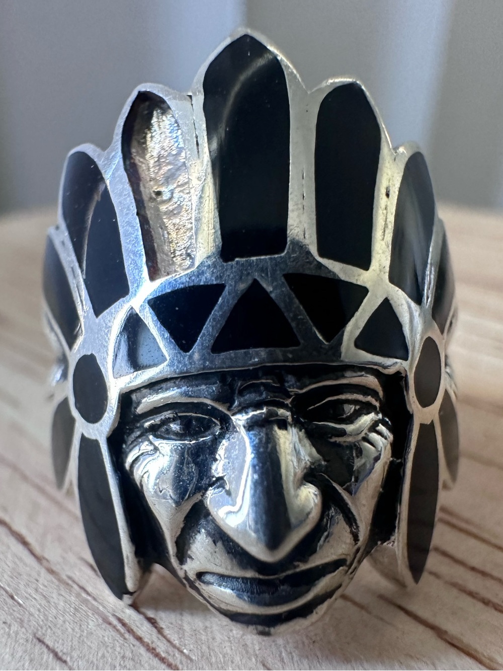 Sterling Silver Onyx Inlay Native American Indian Chief Size 7 925 STAMPED